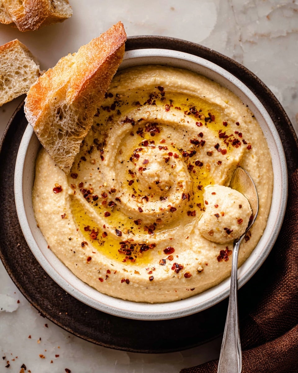 The image shows three white bowls of creamy hummus placed on a white marbled surface. Each bowl holds one layer of smooth, light beige hummus spread with gentle swirls on top. The hummus is decorated with a drizzle of golden olive oil and sprinkled with dark red chili flakes. One white bowl in the front has a silver spoon inside, and a piece of lightly textured brown bread rests on the edge. The background is softly blurred, drawing attention to the front bowl, and the overall look is warm and inviting. photo taken with an iphone --ar 4:5 --v 7