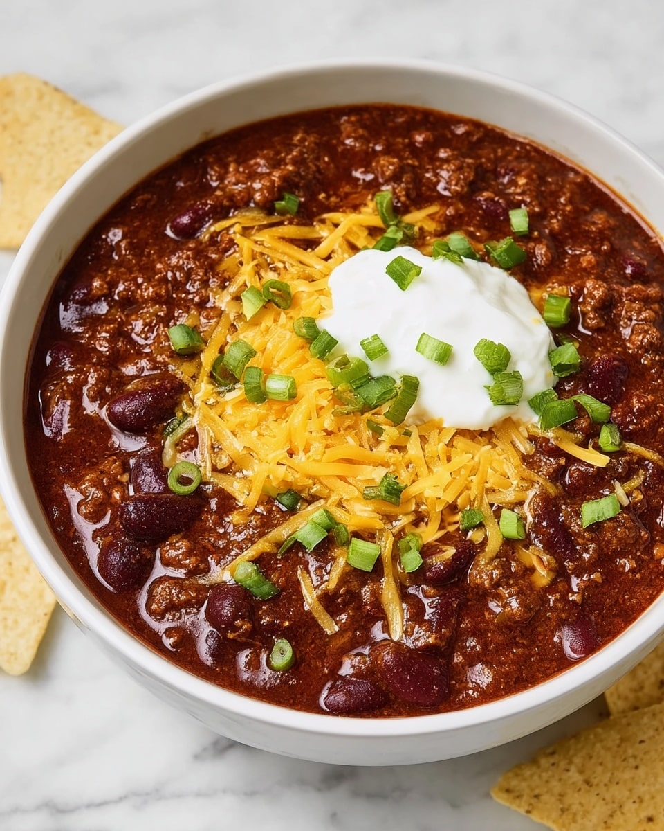 A white bowl filled with thick, dark reddish-brown chili with visible kidney beans and minced meat in the first layer, topped with a layer of bright yellow shredded cheddar cheese and small green sliced scallions, and a dollop of white sour cream placed slightly off-center on top of the chili, all set on a white marbled surface with a few light yellow tortilla chips partially visible on the side, photo taken with an iphone --ar 4:5 --v 7