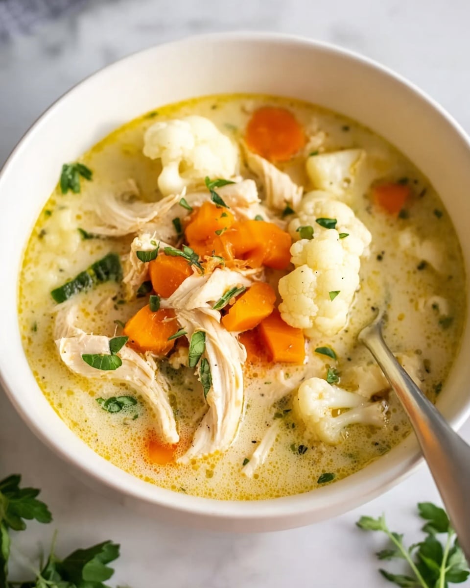 A close-up view of a dark pot filled with creamy chicken and vegetable soup. The soup has a thick, pale yellow broth with visible pieces of shredded light brown chicken scattered throughout. There are several chunks of bright orange carrots and white cauliflower florets floating in the soup. Green herb sprigs are mixed in, adding small pops of color. A large silver spoon rests inside the pot, partially submerged in the soup. The pot is placed on a white marbled surface. photo taken with an iphone --ar 4:5 --v 7