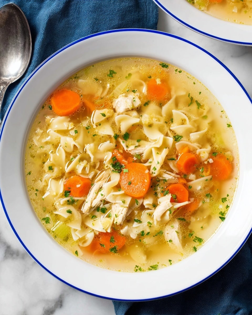 A close-up top view of a white pot filled with chicken noodle soup, showing multiple layers including clear golden broth mixed with small bubbles on the surface, a layer of wavy light beige egg noodles spread evenly throughout, and slices of soft orange carrots and pale green celery floating among finely chopped green herbs sprinkled on top. The pot sits on a white marbled surface with a blue and white striped cloth peeking from the upper right. Photo taken with an iphone --ar 4:5 --v 7