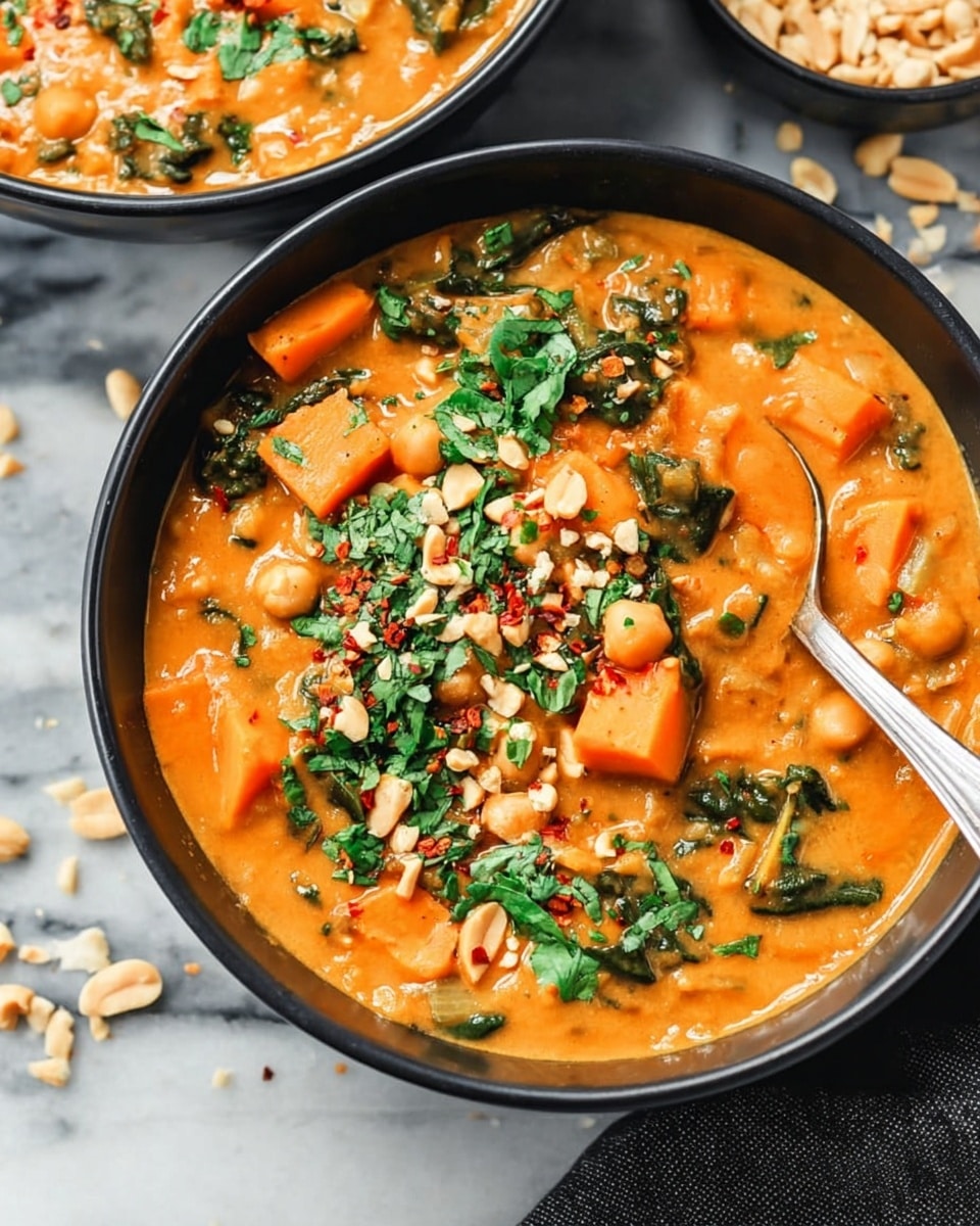 A close-up of a black bowl filled with a thick orange stew containing chunks of orange sweet potato, green leafy pieces, and light beige chickpeas, topped with chopped green herbs and chopped peanuts, and sprinkled with small red chili flakes. A silver spoon is placed inside the bowl, partly submerged in the stew. The bowl is on a white marbled surface with some crushed peanuts scattered around. In the top part of the image, part of another similar bowl is slightly visible. Photo taken with an iphone --ar 4:5 --v 7