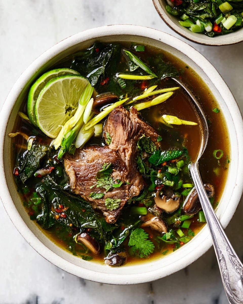 A white bowl filled with clear brown broth containing one large piece of cooked meat in the center, surrounded by dark green leafy herbs and light green chopped scallions. Thin yellow strips of ginger lie scattered on top, with a bright green wedge of lime resting beside the meat. Some small mushroom pieces are also visible in the soup. A silver spoon is placed inside the bowl, all set on a white marbled surface. Photo taken with an iphone --ar 4:5 --v 7