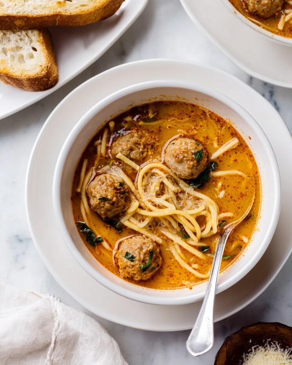 The image shows a white bowl filled with a soup that has four light brown meatballs, yellow spaghetti noodles, and some green herbs floating in an orange broth with a smooth texture. The bowl is placed on a white plate, which rests on a white marbled surface. To the upper left, there is another white plate holding two triangular slices of light brown toasted bread. A silver spoon is placed inside the bowl on the right side, leaning against the bowl edge. In the lower right corner, there is a small brown bowl partially showing some grated cheese. The overall setting is bright and clean, with soft natural light highlighting the textures of the food. Photo taken with an iphone --ar 4:5 --v 7
