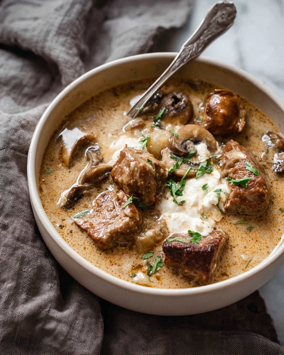 A deep white bowl filled with a thick creamy soup that is light brown in color. The soup has several chunks of browned meat and mushrooms scattered throughout, with some pieces partially submerged. There is a dollop of white creamy topping near the center, garnished with small green herbs. A silver spoon is placed inside the bowl on the left side. The bowl rests on a soft gray cloth over a white marbled surface. The overall look is warm and comforting. photo taken with an iphone --ar 4:5 --v 7