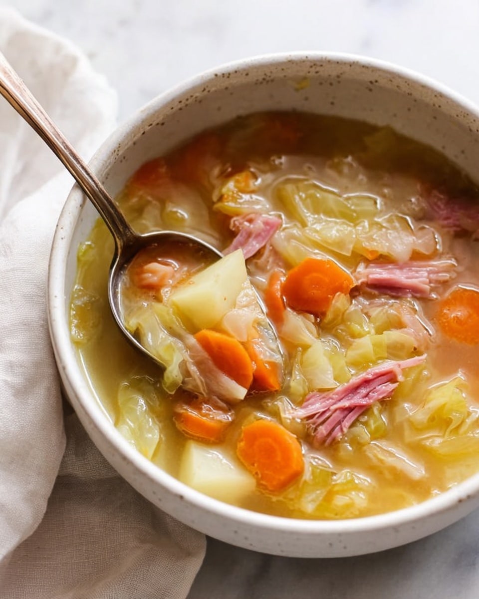 A close-up of a bowl of soup filled with clear broth, light yellow chopped cabbage pieces, bright orange carrot slices, soft potato chunks, and tender shredded pink meat, all mixed together. A silver spoon rests inside the bowl, scooping up some of the solid ingredients and broth. The bowl is white with small speckles, sitting on a white marbled surface, with a soft white cloth nearby gently folded. photo taken with an iphone --ar 4:5 --v 7
