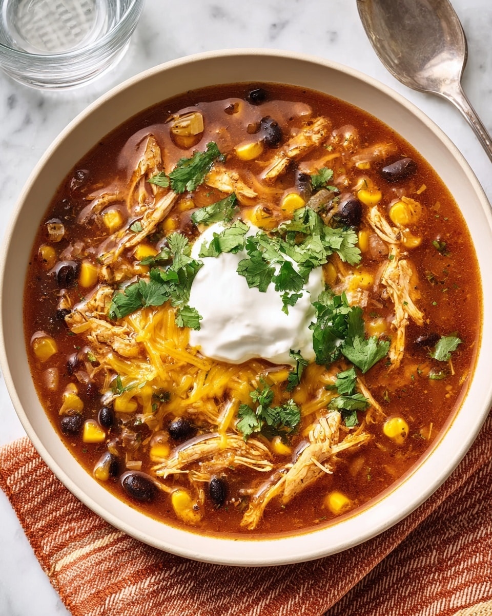A white bowl filled with a rich reddish-brown soup, layered with shredded light brown chicken pieces, black beans, and small yellow corn kernels evenly spread throughout. On top, bright orange shredded cheese is scattered, melting slightly into the soup. A dollop of white sour cream sits in the center, crowned with fresh green cilantro leaves. The bowl rests on a white marbled surface, with a glass of water and a silver spoon nearby, and an orange-striped cloth placed to the right. Photo taken with an iphone --ar 4:5 --v 7