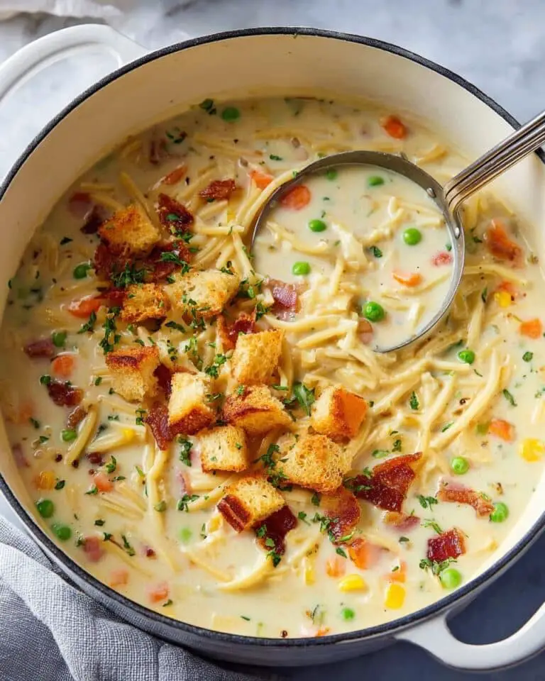 Creamy Chicken Noodle Soup with Mini Croutons and Crispy Bacon Recipe