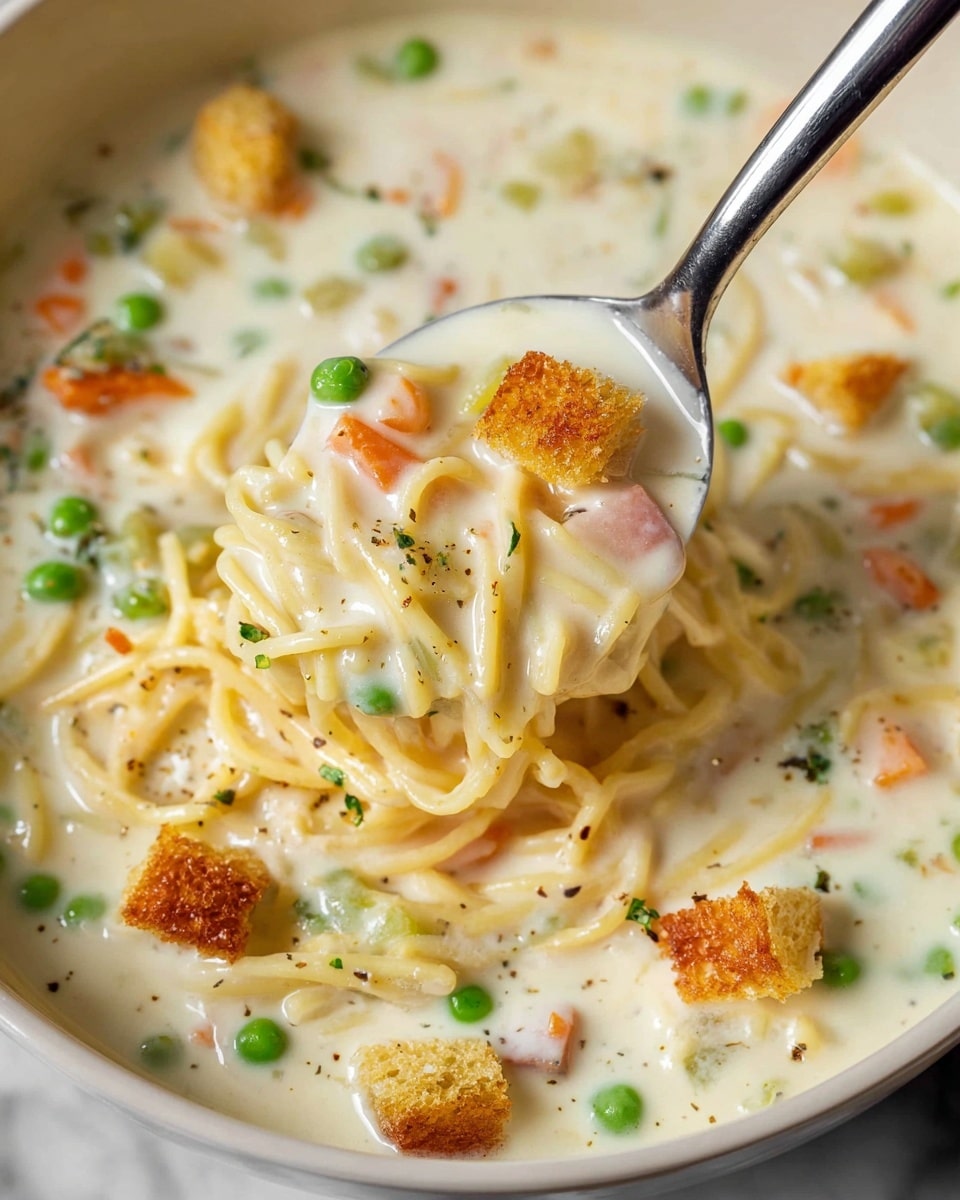 The image shows a thick creamy soup filled with thin noodle strands, bright green peas, small orange carrot pieces, and diced celery. The soup is white and smooth in texture, mixed with small golden-brown croutons on the surface. A silver ladle is lifting a spoonful of the soup, displaying the noodles, vegetables, and croutons closely. The background is a white marbled texture. photo taken with an iphone --ar 4:5 --v 7