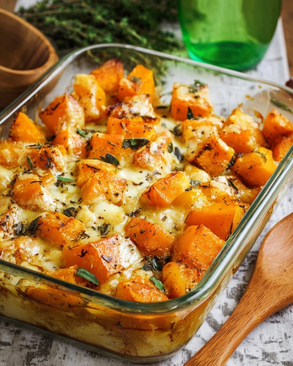 A clear glass baking dish filled with roasted orange squash cubes mixed with melted creamy yellow cheese on top, sprinkled with small green herb pieces and black pepper. The squash pieces have a slightly browned texture from baking, showing a mix of soft and roasted surfaces. The edges of the cheese are melted with a slightly crispy look, blending with the orange squash beneath it. The baking dish is placed on a wooden table with a wooden spoon nearby, and a green glass bottle and green herbs blurred in the background, all on a white marbled texture photo taken with an iphone --ar 4:5 --v 7