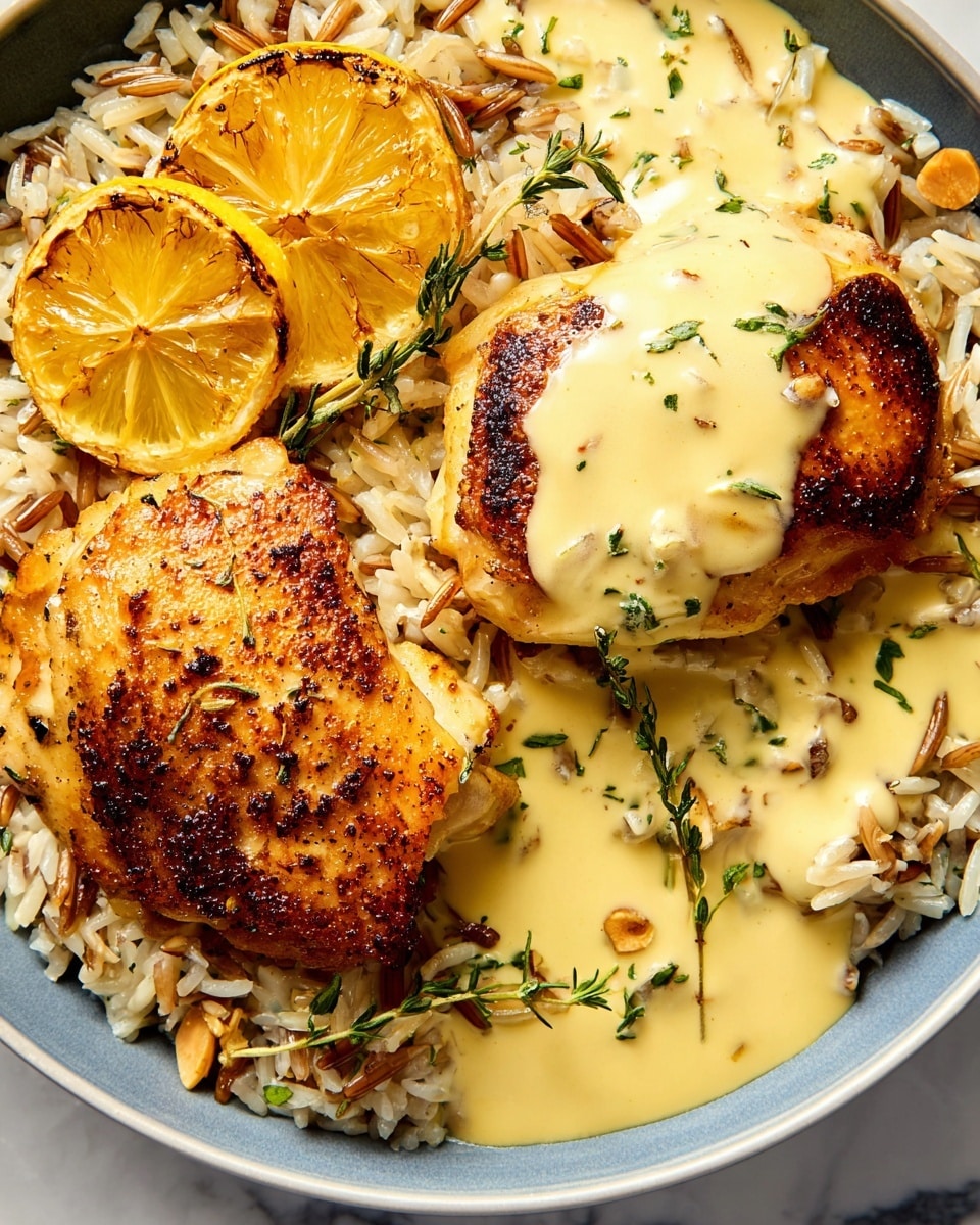 The image shows two golden, cooked chicken pieces on a bed of mixed white and wild rice, with some brown nuts or seeds scattered in the rice. On the left side, there are two slices of roasted lemon with a slightly charred edge. Creamy light yellow sauce with small diced onions covers part of the right chicken, sprinkled with fresh green herbs like thyme and rosemary. The textures of the chicken skin are crisp and slightly charred, while the sauce is smooth and creamy. The dish rests on a white plate over a white marbled background. photo taken with an iphone --ar 4:5 --v 7