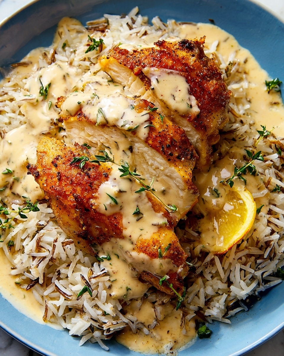 The image shows a close-up of a cooked chicken piece with crispy, golden-brown skin placed on a bed of mixed wild and white rice. The chicken is topped with a creamy light beige sauce that has small chunks of onions and scattered green herbs. There are sprigs of fresh thyme on the chicken and rice, and a slice of lemon is partially visible underneath. The dish is served on a white plate, all set on a white marbled surface. photo taken with an iphone --ar 4:5 --v 7