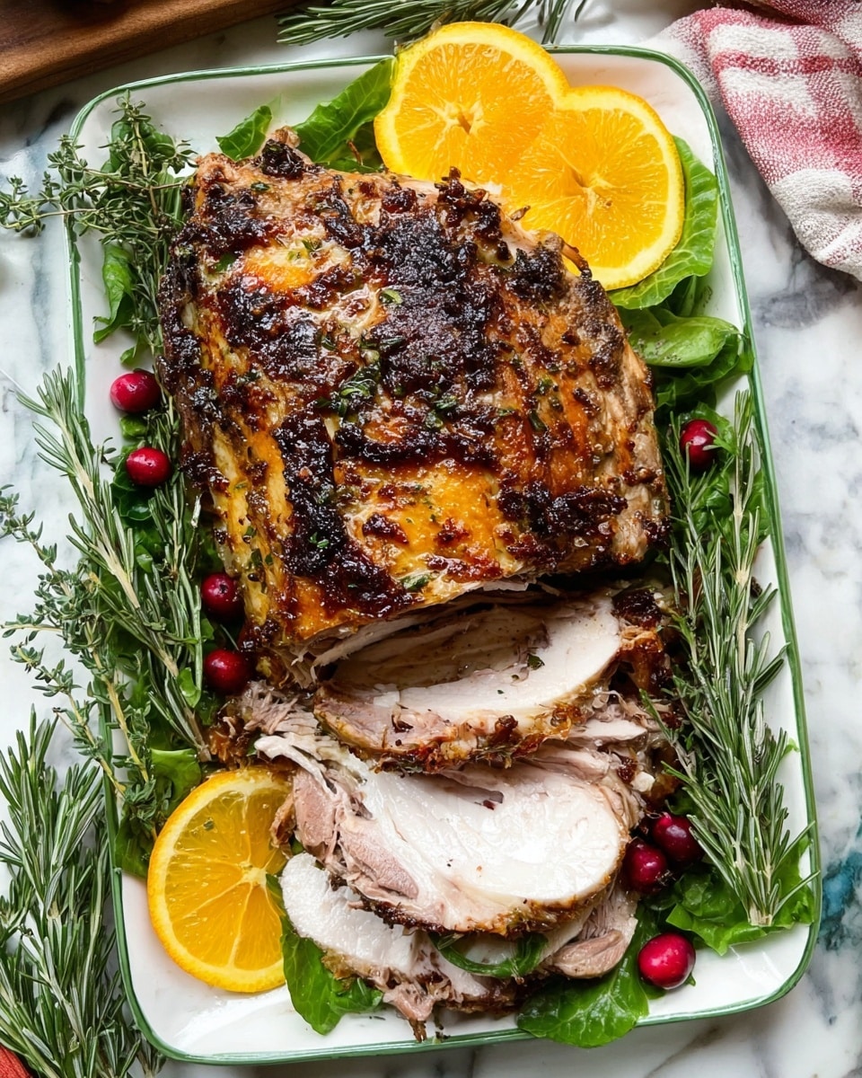 A white rectangular plate holds a thick piece of roasted meat with a crispy, browned top sprinkled with herbs. The meat is sliced to show three layers: the top browned crust, the moist white inside, and a shiny brown sauce poured over the middle and bottom slices. The plate is layered with fresh green leafy vegetables under the meat, with whole red cranberries scattered around. The dish is decorated with sprigs of rosemary placed around the plate edges, and orange and lemon slices are arranged at the back of the plate. The plate rests on a white marbled surface next to a colorful striped cloth. Photo taken with an iphone --ar 4:5 --v 7