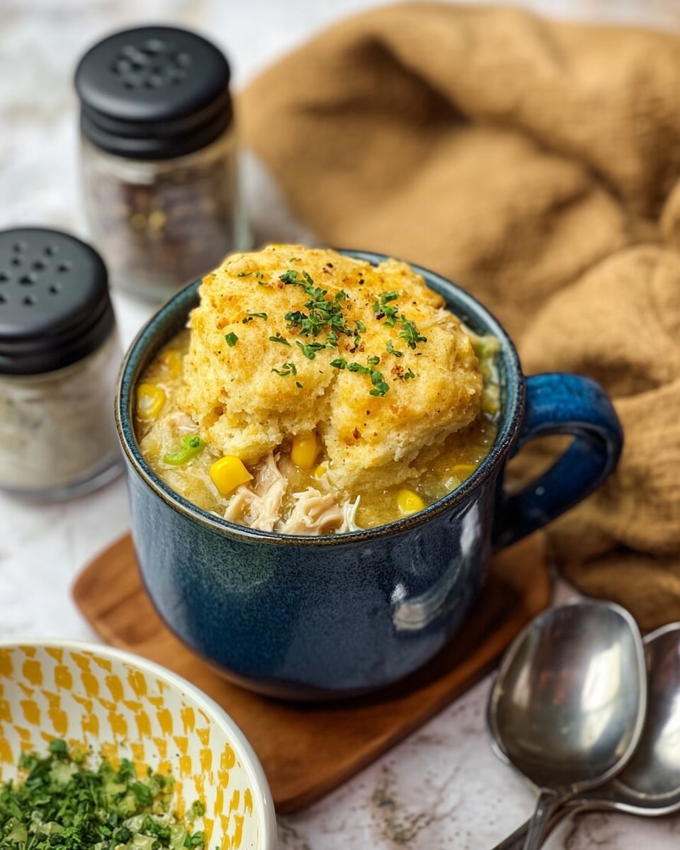 A blue ceramic mug filled with a layered dish that starts with a creamy mixture of shredded light-colored chicken and yellow corn kernels at the bottom, topped by a thick, golden-brown biscuit layer sprinkled with chopped green herbs. The mug rests on a wooden board alongside two shiny silver spoons and two small clear glass containers with black lids. In the background, there is a soft brown textured cloth and a side bowl with a yellow and white pattern containing finely chopped green herbs, all set on a white marbled surface. Photo taken with an iphone --ar 4:5 --v 7