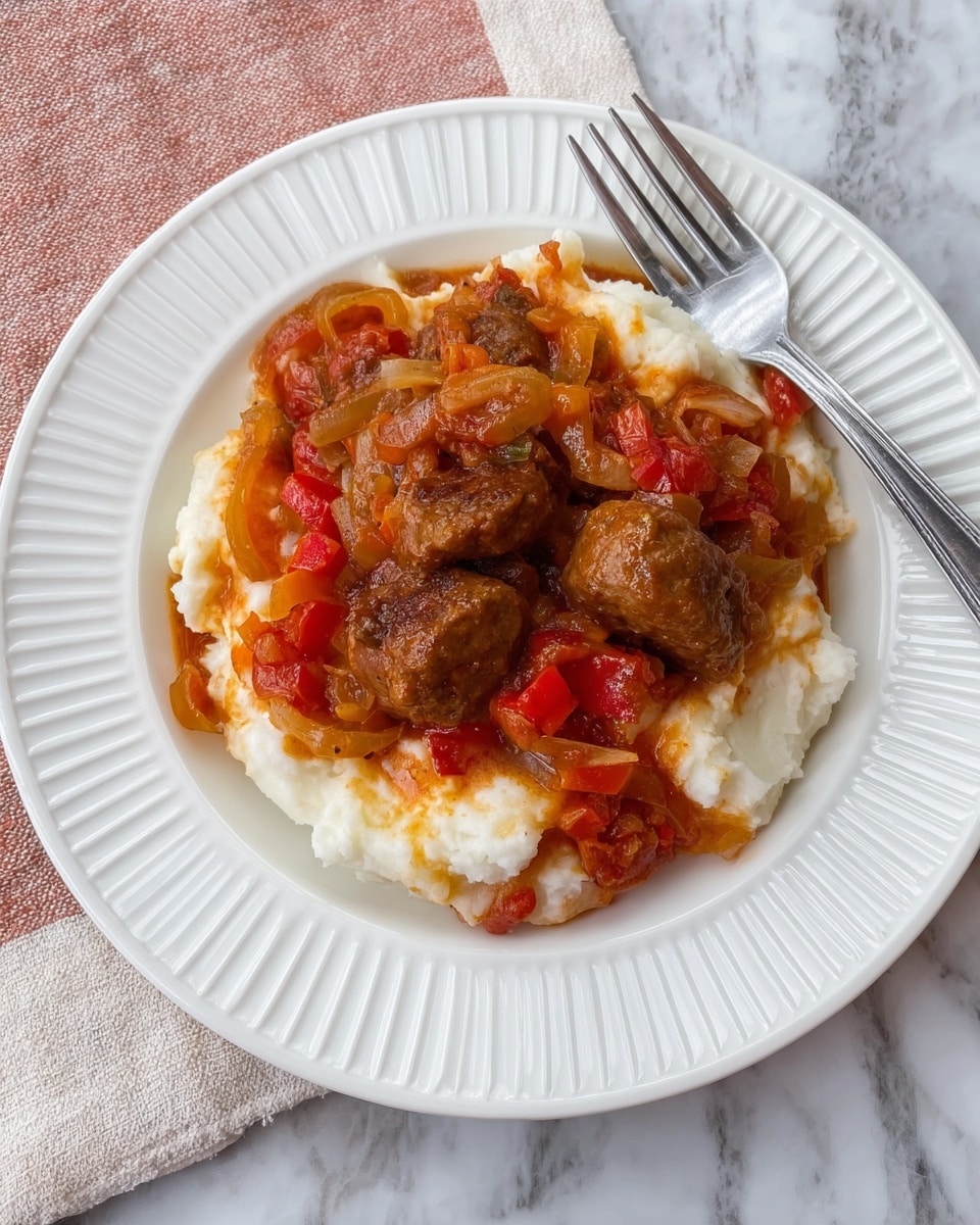 A white plate holds a dish with three clear layers. The bottom layer is a fluffy, white mashed texture. The middle layer is a thick, orange-red sauce with cooked onions and small pieces of red and yellow bell peppers. The top layer has three round, brown meatballs covered in the same sauce, with a shiny, slightly oily look. The plate sits on a white marbled surface, with part of a red and white cloth and a shiny fork visible in the background. Photo taken with an iphone --ar 4:5 --v 7
