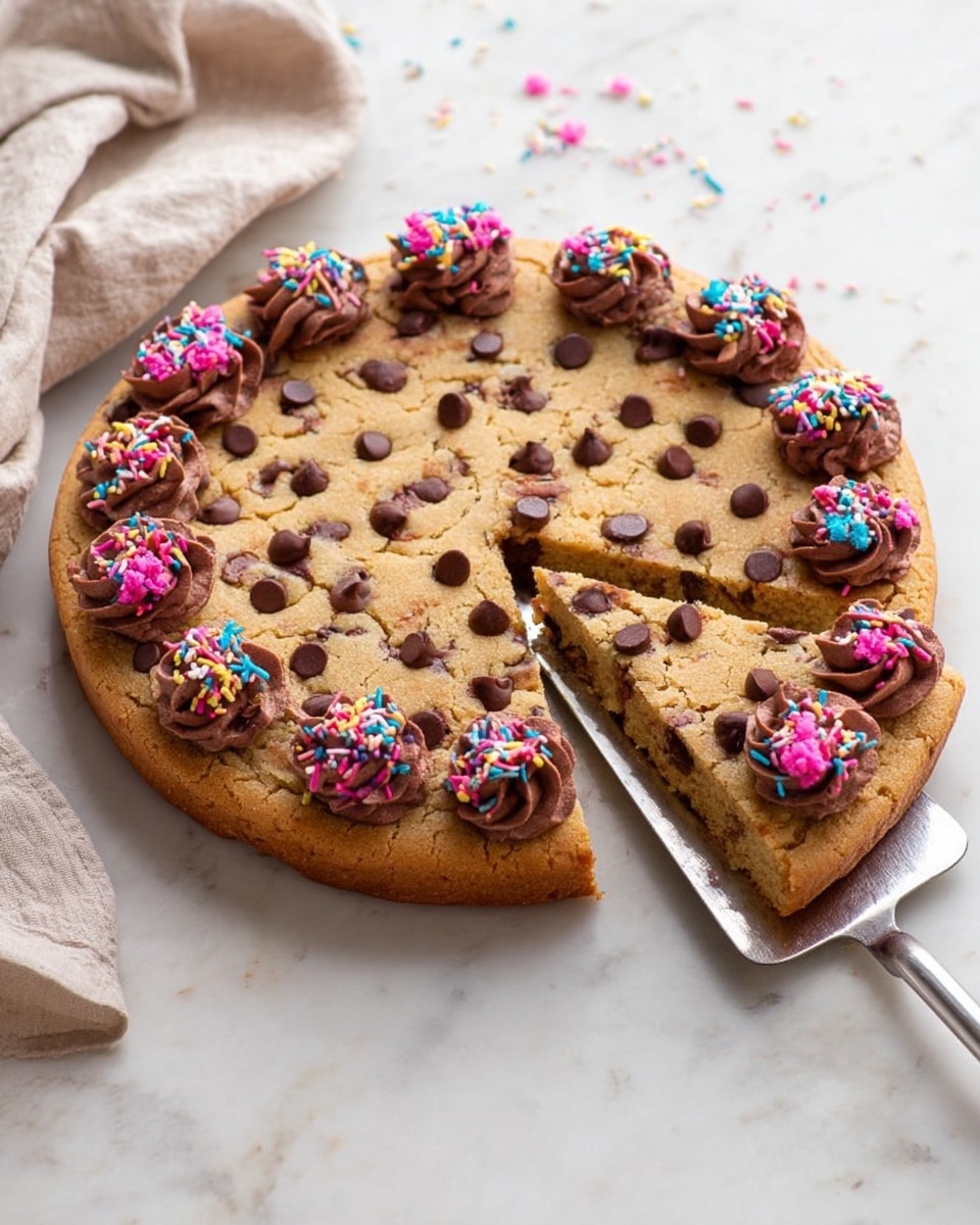 A large round cookie cake sits on a white marbled surface with a slice removed and placed on a white plate in front. The cookie cake is golden brown with chocolate chips embedded throughout. On top of the cookie cake and the slice are frosting dollops in dark brown chocolate, decorated with colorful sprinkles in pink, yellow, and blue. A gold fork is lifting a bite from the slice, showing a gooey chocolate center inside the thick cookie layer. In the foreground, a white bowl holds more colorful sprinkles. Photo taken with an iphone --ar 4:5 --v 7