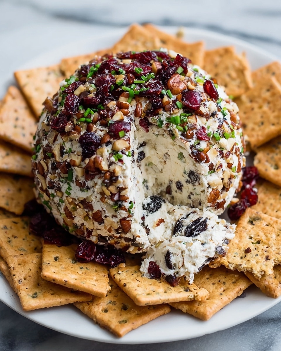 The image shows a round cheese ball covered with chopped nuts, dried cranberries, and chopped green herbs. The cheese ball's inside is creamy white with small dark chunks mixed in. One side has a piece of a seeded cracker partially pressed into the cheese. The ball is placed on a white plate surrounded by many hexagon-shaped seeded crackers. The plate is on a white marbled surface. photo taken with an iphone --ar 4:5 --v 7