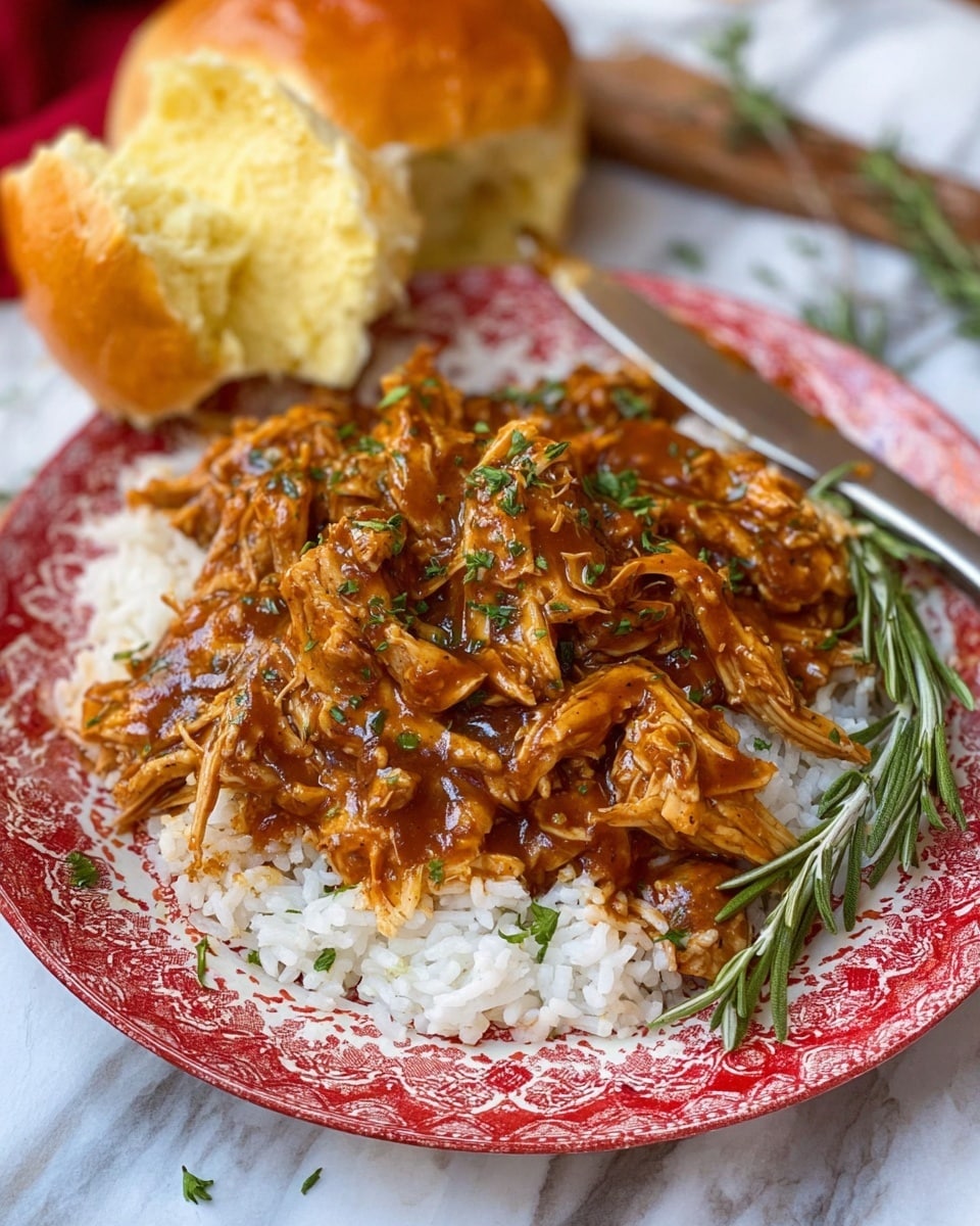 The image shows a white plate with a red floral pattern filled with two main layers: a base of white cooked rice topped with shredded brown chicken coated in sauce. The chicken pieces look moist and slightly juicy with some darker caramelized bits. Small green herb flakes are sprinkled evenly over the chicken and rice. A fresh green rosemary sprig is placed on top near the edge for garnish. The edge of the plate and a fork rest to the right side, while a white marbled textured surface forms the background. photo taken with an iphone --ar 4:5 --v 7