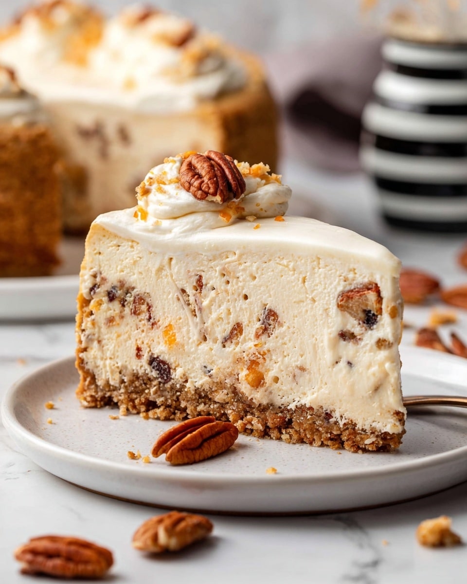 A slice of layered cake sits on a white plate with small grey dots, placed on a white marbled surface. The cake has three visible layers, starting from the bottom with a brown, textured crust, a thick light beige creamy middle layer, and topped with a thick white frosting sprinkled with chopped nuts in light brown and reddish tones. A gold spoon rests beside the cake on the plate, touching the cake gently. In the background, there is a bowl filled with pecans and some scattered nuts nearby. The photo taken with an iphone --ar 4:5 --v 7