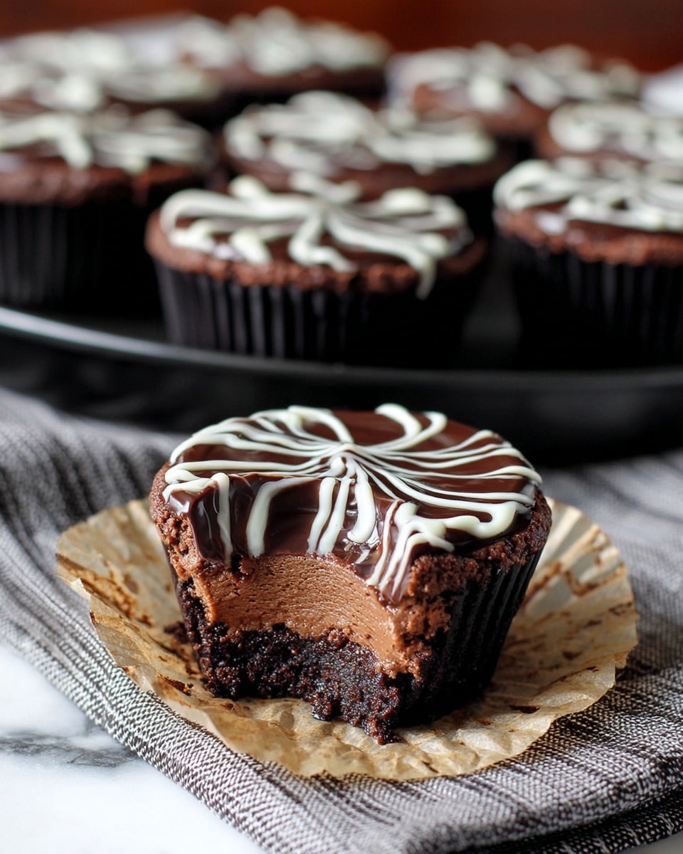 The image shows a close-up of a chocolate cupcake with three distinct layers: a dark brown crumbly base, a medium brown creamy middle layer, and a shiny dark chocolate top layer decorated with white chocolate swirls forming a star pattern, all placed on a small piece of brown paper on a white marbled surface with a striped cloth underneath. In the background, there are several more identical cupcakes arranged closely together on a black tray, slightly out of focus. Photo taken with an iphone --ar 4:5 --v 7
