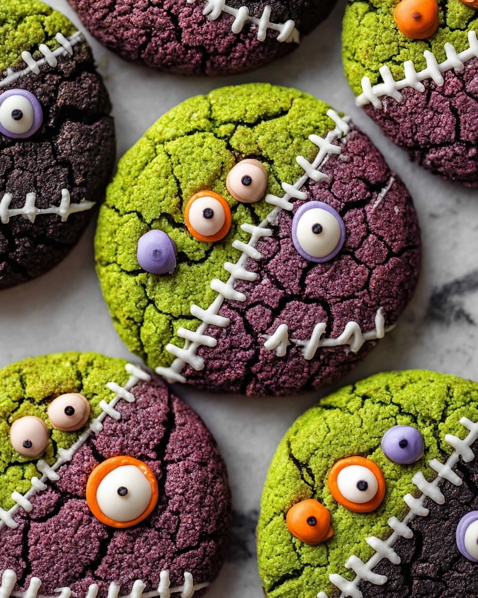 The image shows round cookies split into two colors, green on one side and dark brown or dark purple on the other side, with a zigzag white icing line down the middle where the two colors meet. Each cookie has small candy eyes in purple, orange, and white colors placed on both halves in different positions, giving a fun and spooky look. The cookies have a slightly cracked surface texture. They are arranged on a black plate and a white plate with a green rim, placed on a white marbled surface. A clear glass with a purple drink and an orange straw is seen in the background. photo taken with an iphone --ar 4:5 --v 7