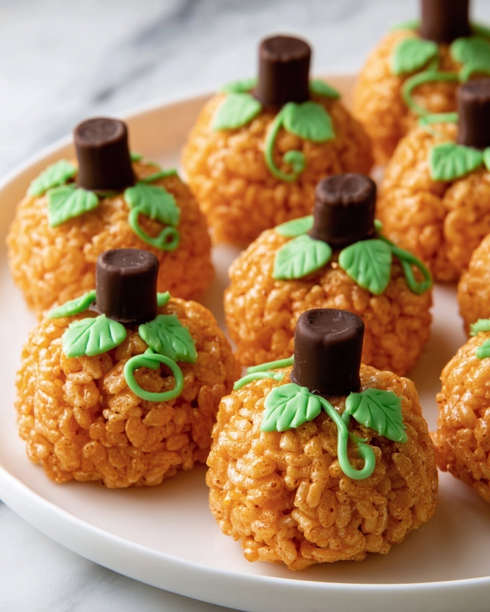 The image shows a white plate with eight pumpkin-shaped treats made from a crispy orange rice base. Each pumpkin has a small dark brown candy piece on top as a stem. Bright green icing decorates the top, with one or two leaves and a curvy vine on each, giving the pumpkins a fresh look. The plate sits on a white marbled surface with a checkered cloth partly underneath. Photo taken with an iphone --ar 4:5 --v 7