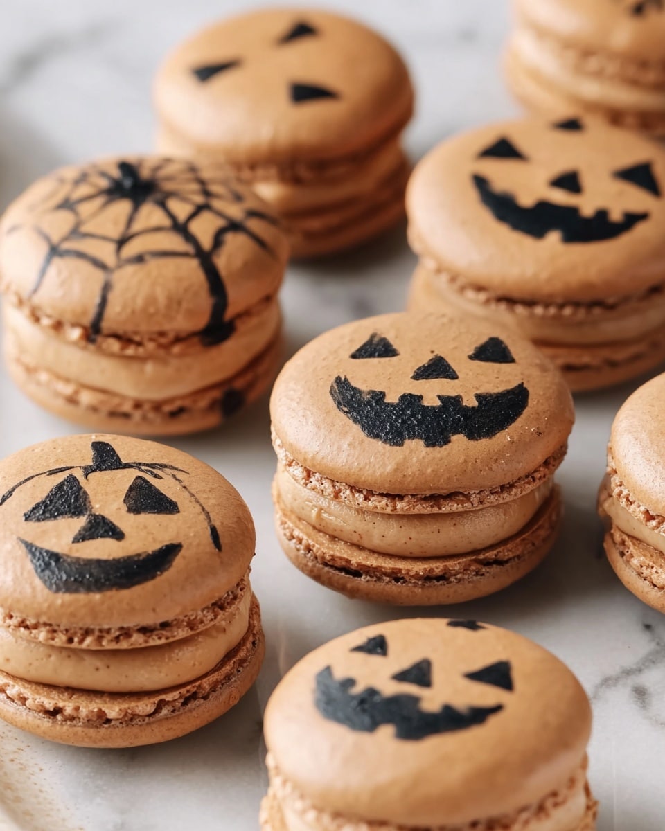 The image shows several round macarons with light brown shells placed on a white marbled surface. Each macaron has two layers of smooth, light brown filling sandwiched between the shells. The top shell of each macaron is decorated with different black painted faces resembling jack-o'-lanterns, with simple shapes for eyes, noses, and mouths creating playful Halloween expressions. The macarons have a smooth texture with a slight shine, and their size is small and bite-sized. photo taken with an iphone --ar 4:5 --v 7