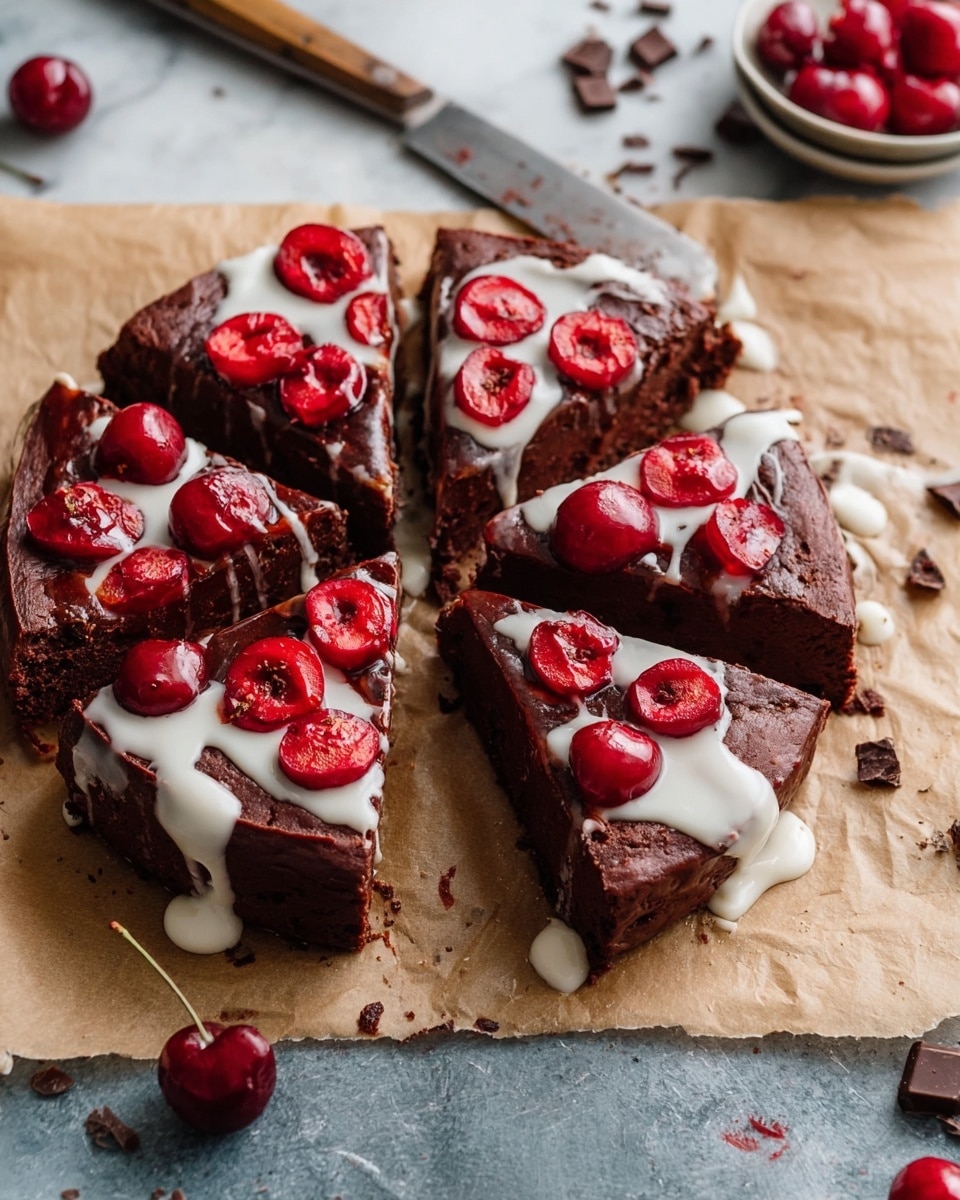 A round chocolate cake is cut into six slices and placed on brown parchment paper, showing thick, rich layers of dark brown chocolate. Each slice is topped with bright red cherry halves that add a fresh contrast, and there is a white creamy drizzle spread unevenly over the top and sides, some dripping onto the parchment. A few loose cherry halves and whole cherries are scattered around the cake, with some chocolate pieces nearby. The background has a white marbled texture with an old knife nearby. photo taken with an iphone --ar 4:5 --v 7