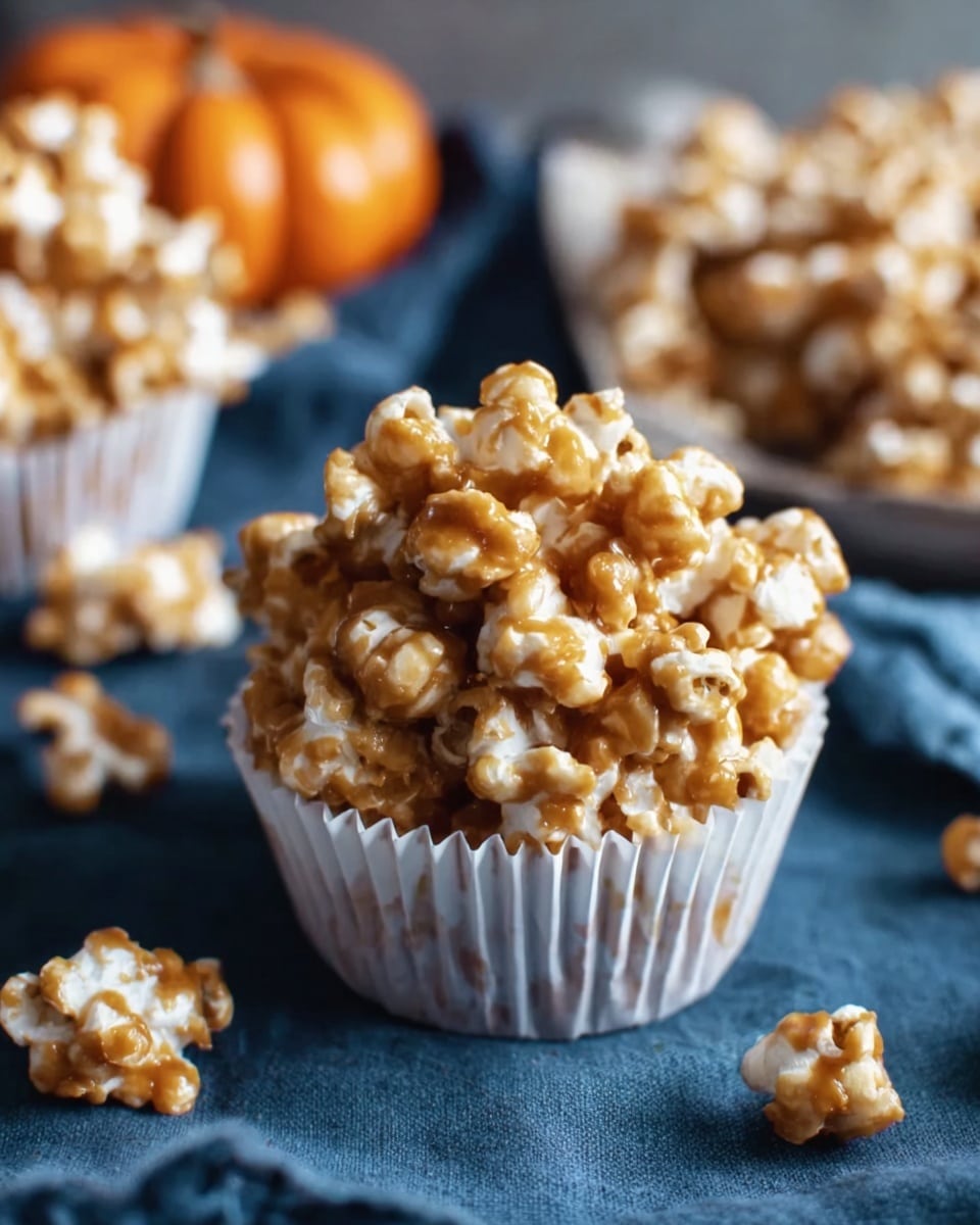 A blue bowl filled with a large pile of caramel-covered popcorn shows layers of popcorn with shiny golden brown caramel coating mixed with plain white popcorn pieces, giving a crunchy look. The bowl is placed on a beige cloth on a white marbled surface. In the background, there are two small pumpkins, one orange and one white with orange stripes, and some scattered popcorn pieces around the bowl. The texture looks crunchy and slightly sticky, with the caramel popcorn forming the top layer mixed unevenly with plain popcorn. Photo taken with an iphone --ar 4:5 --v 7