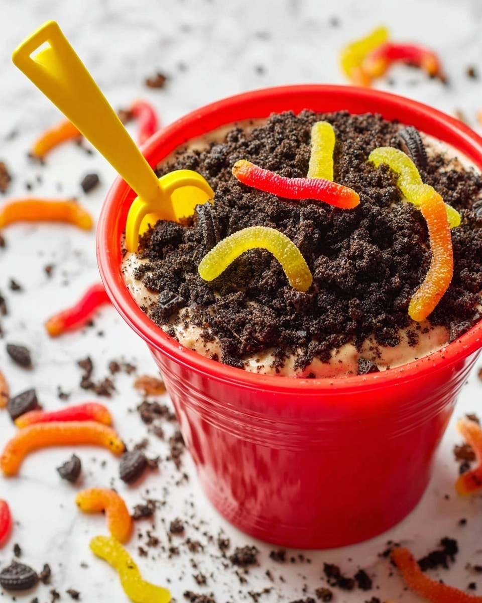 A bright red bucket filled with a layered dessert, where the bottom layer is creamy and light brown, topped with a thick layer of crushed dark chocolate cookies that look like soil. Several colorful gummy worms in shades of yellow, orange, and red are scattered on top and around the bucket, making it look like worms crawling through the