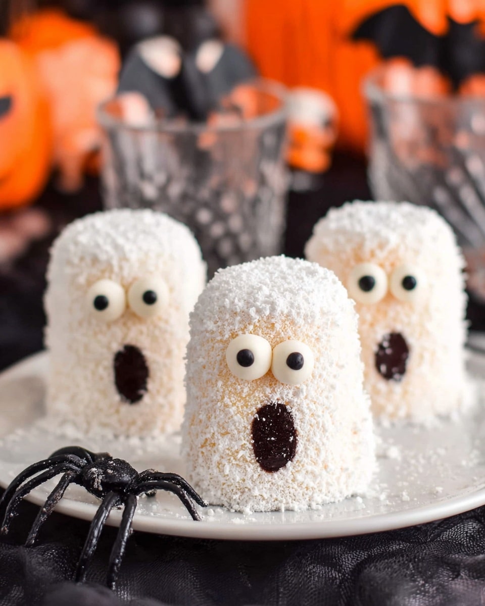 The image shows three small ghost-shaped cakes on a white plate with a white marbled background. Each cake is covered in white powdered sugar that gives them a snowy texture. They have two round white eyes made from candy with small black dots in the center and a round open mouth made from dark chocolate or black icing with a small white dot inside. The cakes stand upright like little ghosts. Near the plate, there is a black plastic spider for decoration. The background also shows blurry glasses and Halloween-themed orange and black decorations. photo taken with an iphone --ar 4:5 --v 7