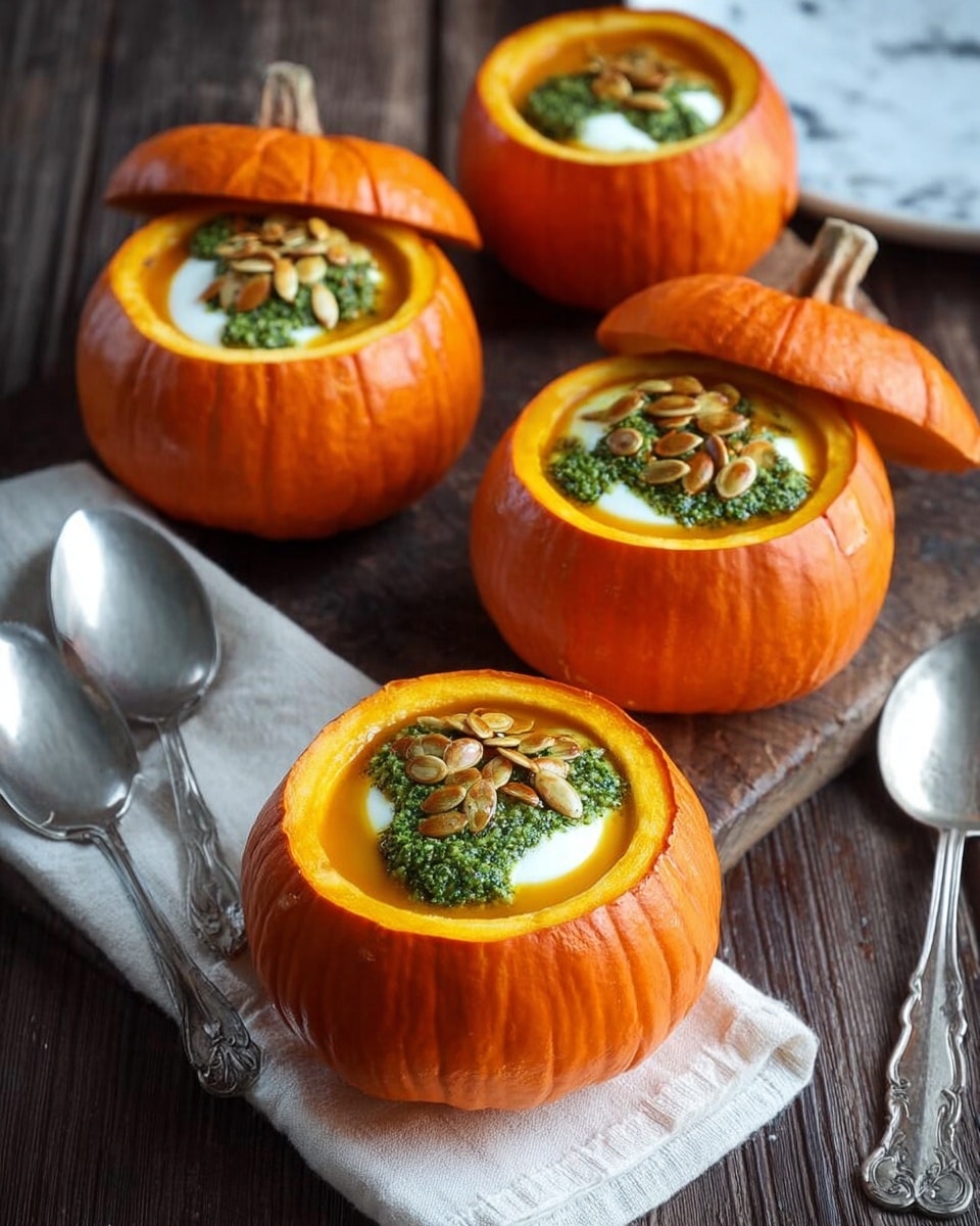 Four small hollowed orange pumpkins serve as bowls, each filled with smooth orange pumpkin soup. On top of each soup layer is a dollop of white cream, a bright green pesto-like sauce, and a sprinkling of roasted pumpkin seeds. Each pumpkin has its top lid placed beside or leaning against it, showing the thick orange shell. The pumpkins are placed on a dark wooden table with a white cloth under two silver spoons on the left and another silver spoon on the right. The background is a white marbled texture. Photo taken with an iphone --ar 4:5 --v 7