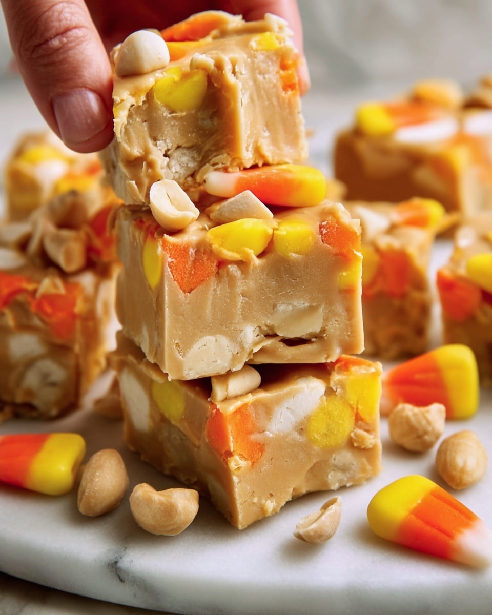 The image shows small square fudge pieces stacked on a white plate placed on a white marbled surface. Each fudge piece has three layers: the bottom layer is a firm, creamy caramel color with visible chunks, the middle layer is softer with bits of candy corn embedded, and the top layer is smooth with candy corn and whole peanuts placed on top. The candy corn is bright yellow, orange, and white, contrasting with the tan fudge. Scattered peanuts and dollops of peanut butter surround the fudge, adding to the texture. A woman's hand is holding the top fudge piece with a visible bite taken out, showing an inside mix of creamy and crunchy textures. Photo taken with an iphone --ar 4:5 --v 7