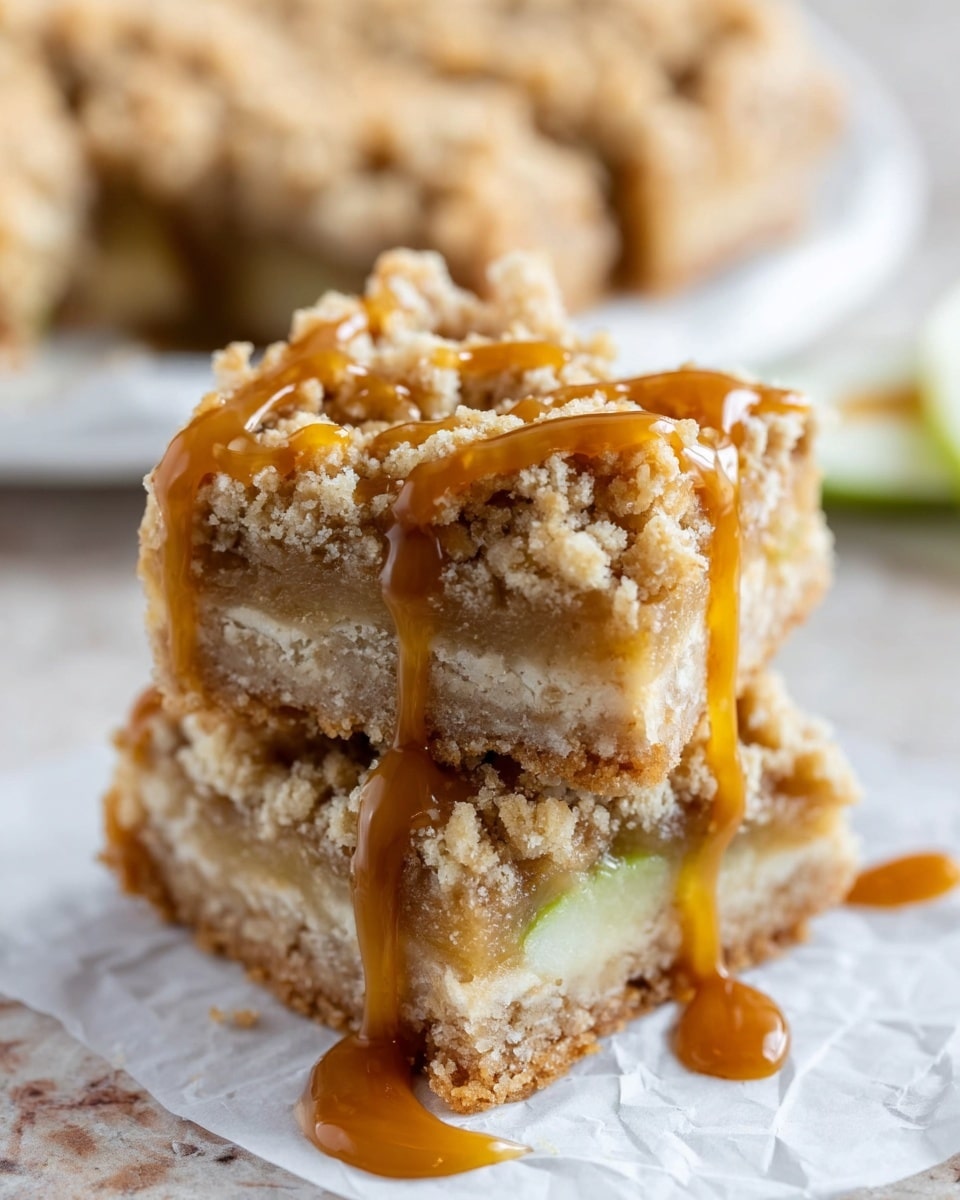 The image shows two square bars stacked on white parchment paper. Each bar has three layers: the bottom layer is pale and smooth, the middle layer is chunky with a mix of light green and brown pieces, and the top layer is crumbly and light brown. A golden caramel sauce is drizzled over the top and sides, making it look shiny and sweet. In the background, there is a blurred green vegetable and a white plate with a similar bar that also has caramel sauce on it. All this is set on a white marbled surface. Photo taken with an iphone --ar 4:5 --v 7