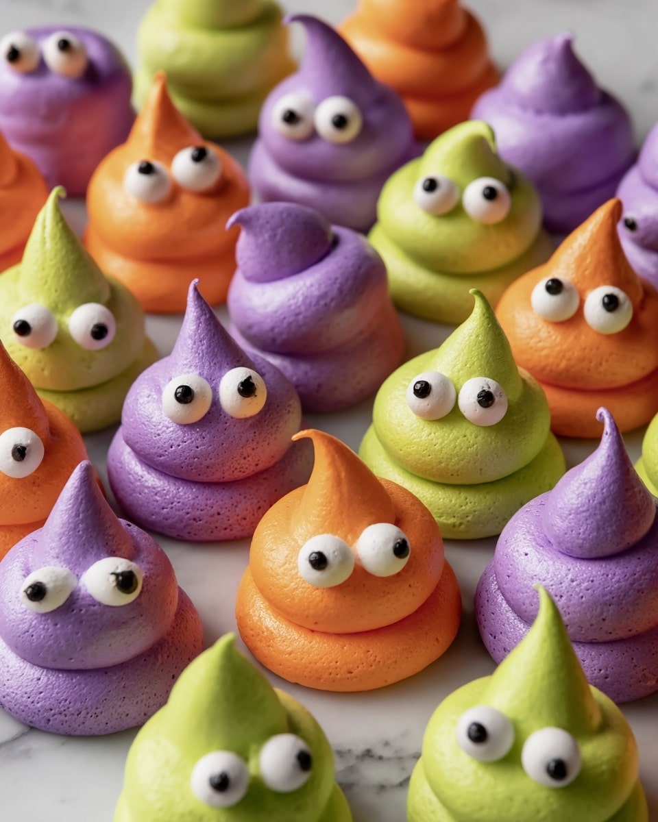 The image shows a close-up of a small, orange, round dessert with two white candy eyes, one larger than the other, with black pupils placed on top. The dessert has two layers: a wider bottom round layer and a smaller top round layer with a pointy peak. In the foreground, a woman's hand with purple nail polish is holding the orange dessert. In the background, there are similar desserts in green, purple, and orange colors, all with the same two-candy-eye design, sitting on a white marbled surface. The lighting is soft, creating a smooth texture on the shiny desserts. photo taken with an iphone --ar 4:5 --v 7