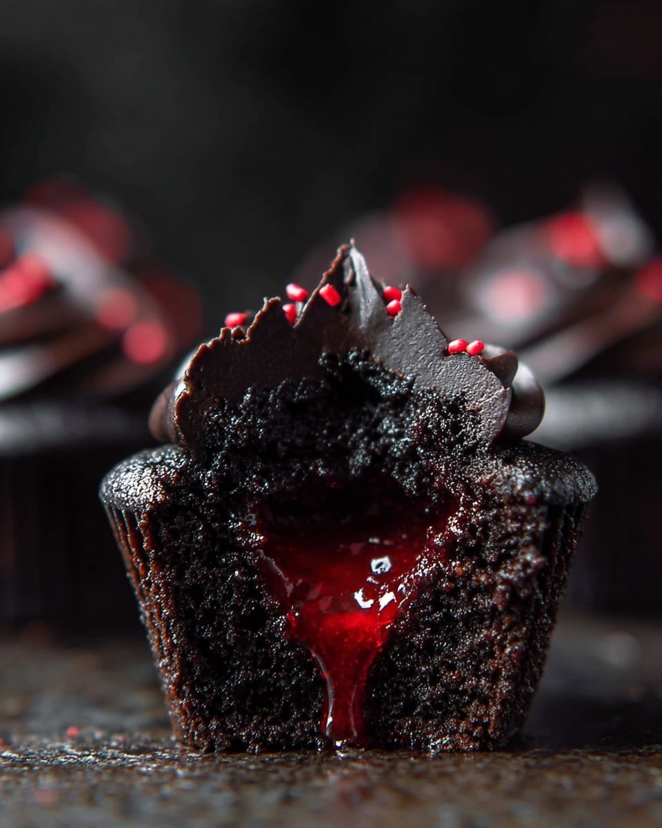 A close-up view of a chocolate cupcake cut in half, showing three main layers: the bottom layer is dark, moist chocolate cake with a rough texture, the middle layer is a bright red, glossy liquid filling that is oozing out, and the top layer is thick, dark chocolate frosting with a slightly shiny, smooth texture and some red sprinkles on one side. The cupcake is placed on a dark surface with a blurred background, focusing sharply on the cupcake's rich details, photo taken with an iphone --ar 4:5 --v 7