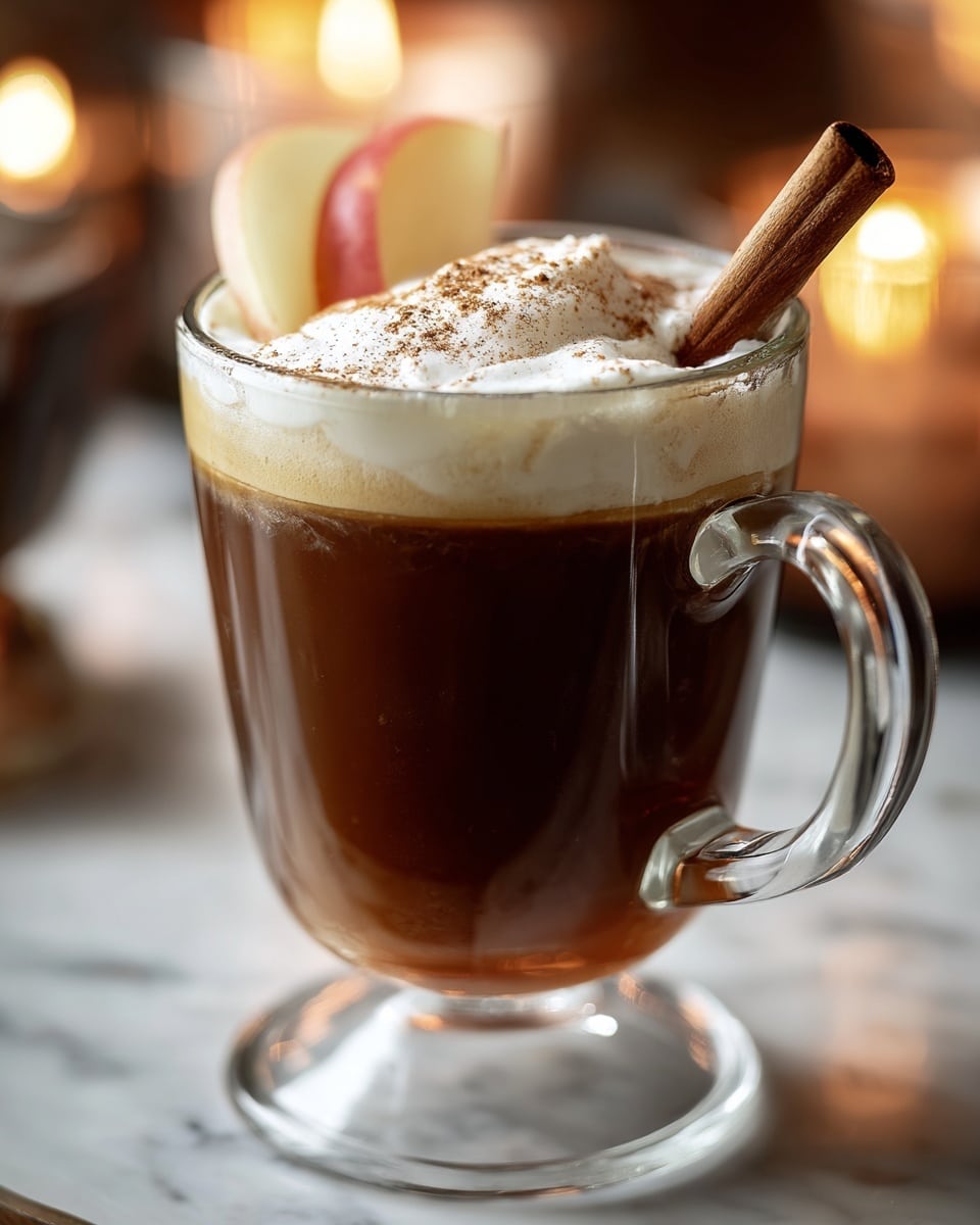 A clear glass cup filled with a light brown creamy drink, topped with a dollop of off-white whipped cream sprinkled lightly with cinnamon powder, and garnished with a small red apple slice and a vertical cinnamon stick standing in the drink. The cup is placed on a dark wooden surface with a blurred amber candle in the background and cinnamon sticks lying around on a rust-colored cloth. The scene is warm and cozy. Photo taken with an iphone --ar 4:5 --v 7