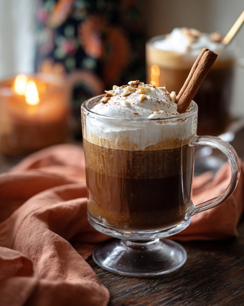A clear glass mug filled with three visible layers: the bottom two-thirds is dark brown coffee, topped with a thick layer of white whipped cream sprinkled lightly with cinnamon and small nut pieces, and garnished with a vertical cinnamon stick resting against the whipped cream. The mug sits on a dark wooden surface with a soft rust-colored cloth draped beside it, and another similar glass mug blurred in the background along with a blurred part of a person wearing a patterned dark outfit. The setting is warm and cozy with soft natural light. Photo taken with an iphone --ar 4:5 --v 7