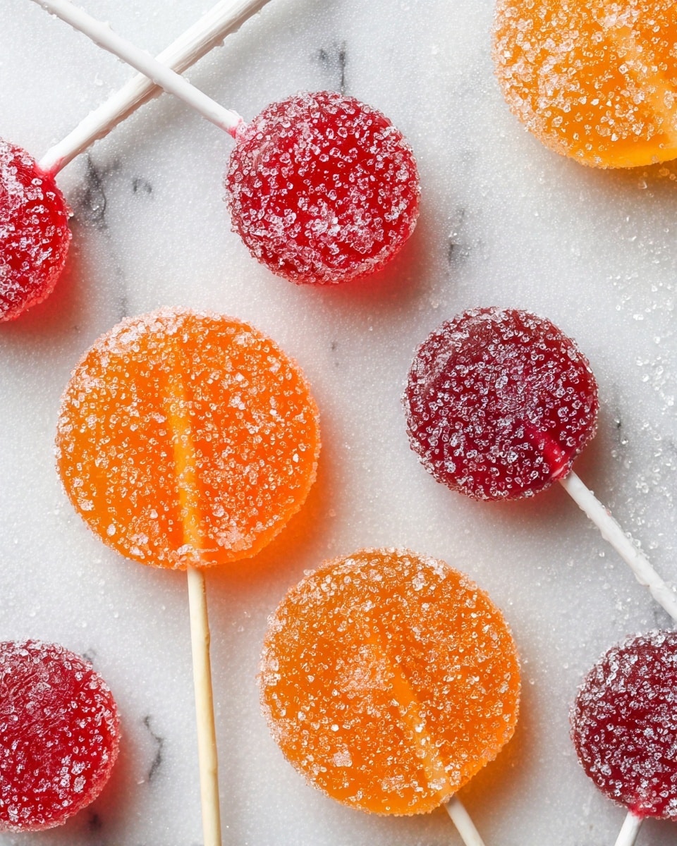 The image shows several round lollipops on sticks laid out on a white marbled textured surface. There are two main colors of lollipops: large bright orange ones and smaller deep red ones. Each lollipop is covered with big, clear sugar crystals that sparkle in the light. The orange lollipops are smooth and shiny, with the sticks attached at the bottom. The red lollipops are smaller, also round, and have a rough texture under the sugar crystals. The lollipops are spread out in a scattered way, with enough space between each one to see the white marbled surface clearly. photo taken with an iphone --ar 4:5 --v 7
