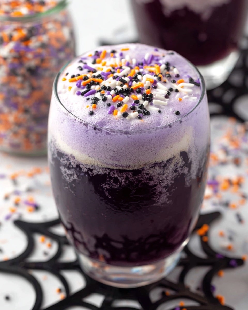 A clear glass filled with a dark purple drink topped with a thick layer of light purple foam. On top of the foam, there are small colorful sprinkles in black, white, orange, and purple scattered evenly. The glass is set on a white marbled surface with a black spider web-shaped mat underneath. In the background, there is a blurred jar of similar colorful sprinkles. Photo taken with an iphone --ar 4:5 --v 7