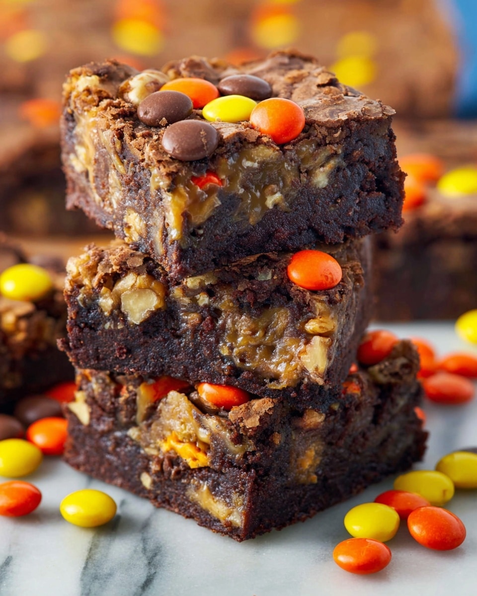 A close-up view of a stack of three chocolate brownies on a white marbled surface, each square showing a rich, dark brown texture mixed with crunchy walnut pieces inside. The top brownie has bright orange, yellow, and brown candy-coated chocolates scattered on the top surface, adding colorful spots of smooth, glossy texture. The middle brownie is bitten to reveal a gooey caramel layer mixing with the dark chocolate base and nuts inside, while some of the candy pieces peek out from the edges. Around the brownies are loose orange, yellow, and brown candy-coated chocolates, adding extra color to the scene. photo taken with an iphone --ar 4:5 --v 7