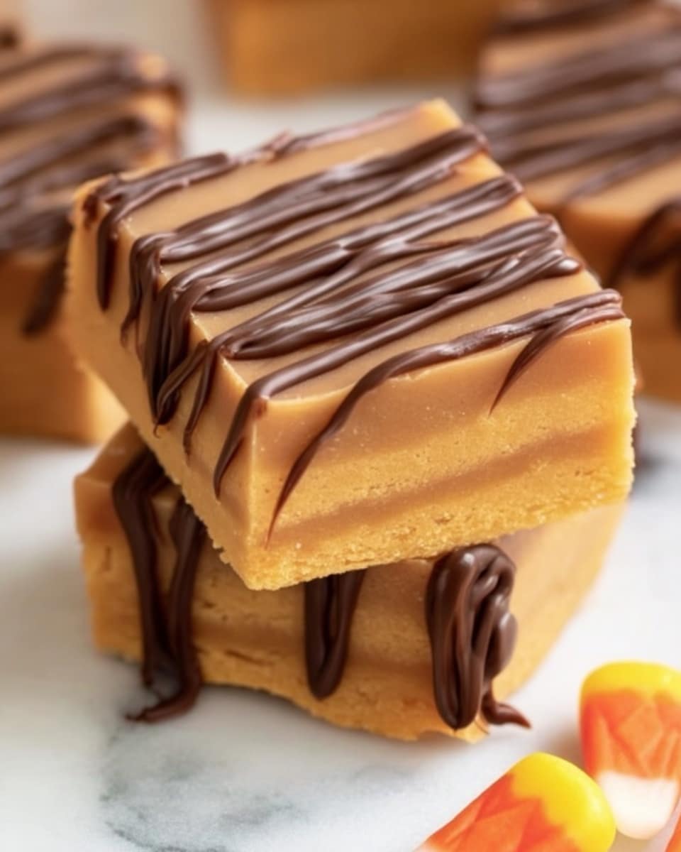 The image shows a close-up of a small square piece of dessert with multiple light brown layers stacked evenly on top of each other. The top layer is smooth and slightly shiny, while the stacked layers below display a soft, crumbly texture. Dark brown chocolate lines are drizzled in a zigzag pattern across the top and down the sides of the square. In the bottom right corner, a few small pieces of yellow and orange candy corn are visible on a white marbled surface, adding a touch of color contrast. photo taken with an iphone --ar 4:5 --v 7