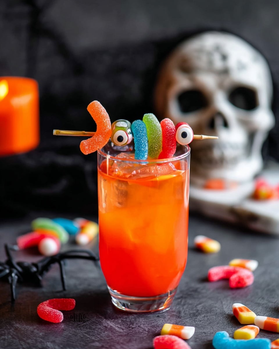 A clear glass holds a bright red drink as the base layer. Above the drink, a white stick rests horizontally across the top of the glass. On the stick, five colorful gummy candies are placed, from left to right: a green and orange candy on the far left, a white candy with pink edges shaped like teeth next to it, a round candy in the middle resembling an eyeball with a white base, yellow ring, and black center, followed by a red and yellow twisted candy, and finally a blue and red candy on the far right. A woman's hand holds the glass by its short stem. The background is dark with soft, blurred white fabric and an orange light behind. Photo taken with an iphone --ar 4:5 --v 7