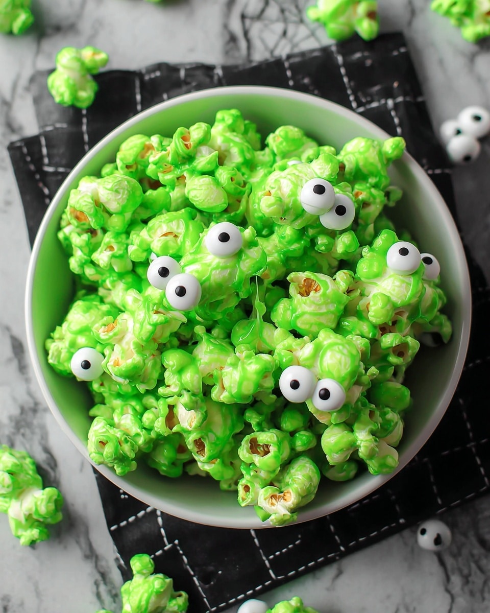 A white bowl filled with bright green popcorn coated in a sticky, glossy layer with strands pulling between the popcorn pieces, each piece decorated with small white candy eyes with black pupils scattered throughout. The bowl is placed on a black cloth with white stitched patterns, all set on a white marbled surface with more candy eyes scattered around. Photo taken with an iphone --ar 4:5 --v 7