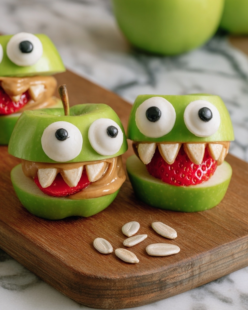 The image shows three green apple slices standing upright on a wooden board. Each apple slice has a middle section carved out and spread with peanut butter, forming a