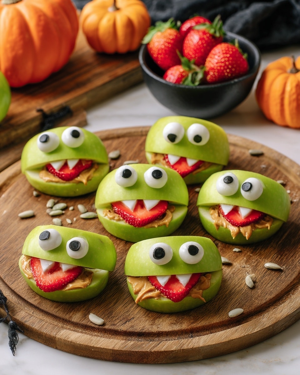 The image shows six green apple slices shaped like mouths with peanut butter spread inside each slice. Each slice has a red strawberry piece placed at the bottom center of the peanut butter, looking like a tongue. Around the edges inside the mouth, small white seeds create the appearance of teeth. On top of each apple slice, one or two large candy eyes with white and black circles are placed to give a fun face look. The apple slices are arranged on a round wooden board with some scattered seeds nearby. In the background, there is a small black bowl filled with red strawberries and green apples beside it, all set on a white marbled surface with a black cloth and decorative orange pumpkin on a wooden board. photo taken with an iphone --ar 4:5 --v 7
