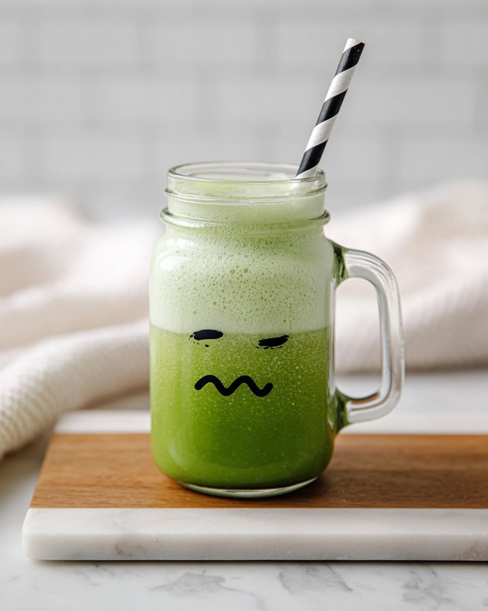 A clear glass mug with a handle holds a two-layer green drink. The bottom layer is a bright green liquid while the top layer is a lighter, frothy green foam with a smooth texture. The mug has a simple black face drawn on it showing tired eyes and a wavy mouth. A black and white striped straw sticks out from the top right of the mug. The mug sits on a small rectangular board that is half wood and half white marble, placed on a white marbled surface with a soft white cloth blurred in the background. Photo taken with an iphone --ar 4:5 --v 7