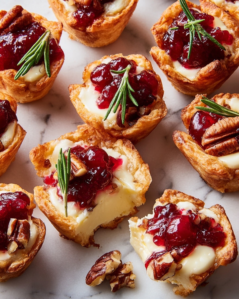 The image shows many small, square-shaped mini tarts with three visible layers. The base layer is a light golden-brown puff pastry with a flaky texture. On top of the pastry, there is a creamy, smooth white cheese layer, which is slightly melted around the edges. The top layer has a bright red, chunky sauce that looks like cranberry, with scattered brown pecan halves and small green rosemary sprigs for garnish. The tarts are placed close to each other on a flat white marbled surface with a few crumbs around them, highlighting their fresh and tasty look. Photo taken with an iphone --ar 4:5 --v 7