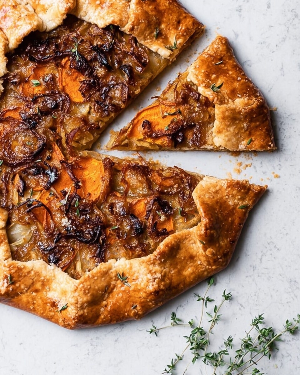 The image shows a close-up of a rustic tart cut into slices on a white marbled surface. The tart has a golden brown crust that is thick and slightly crimped around the edges. Inside, there are thin layers of caramelized onions that are deep brown with some crispy bits on top. Beneath the onions, there are slices of vibrant orange sweet potato, soft and smooth in texture, forming a clear second layer. The tart looks slightly glossy from a light glaze or oil on top, adding a subtle shine to the caramelized onions and crust. Photo taken with an iphone --ar 4:5 --v 7