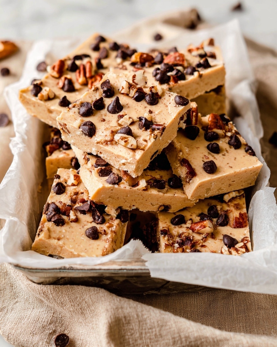 A white tray lined with white parchment paper holds several square bars with a light golden base. Each bar is topped with dark chocolate chips scattered unevenly, small pieces of brown pecans, and a light dusting of shredded coconut. The texture of the bars looks soft but firm. Around the tray, there are small white bowls filled with pecans and chocolate chips, resting on a white marbled surface with a beige cloth partially under the tray. photo taken with an iphone --ar 4:5 --v 7