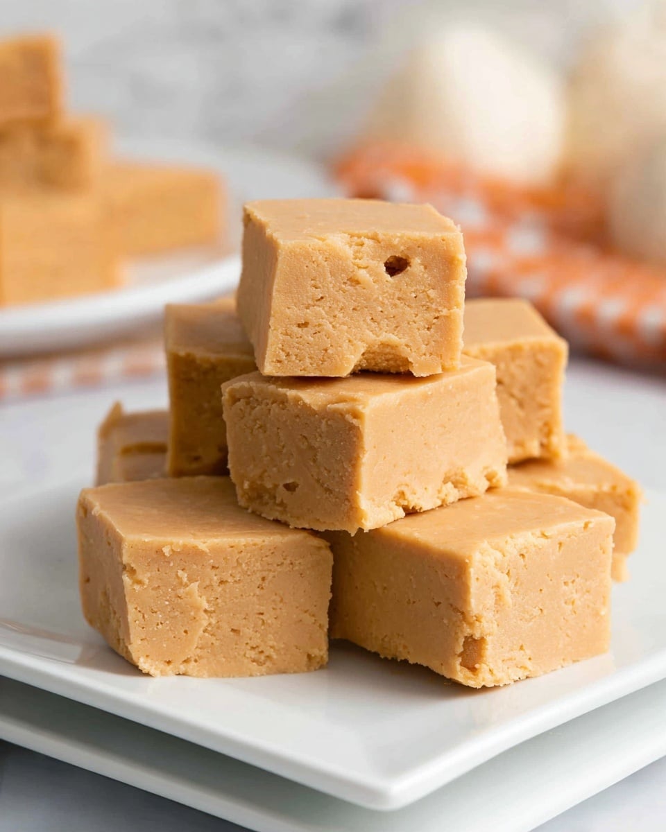 A stack of seven square pieces of light tan fudge with a smooth but slightly crumbly texture are arranged on a clean white square plate, which is resting on three other similar plates underneath. The fudge squares show small air pockets and uneven edges, giving a homemade appearance. In the background, out of focus, are light orange and beige shapes on a white marbled surface. photo taken with an iphone --ar 4:5 --v 7